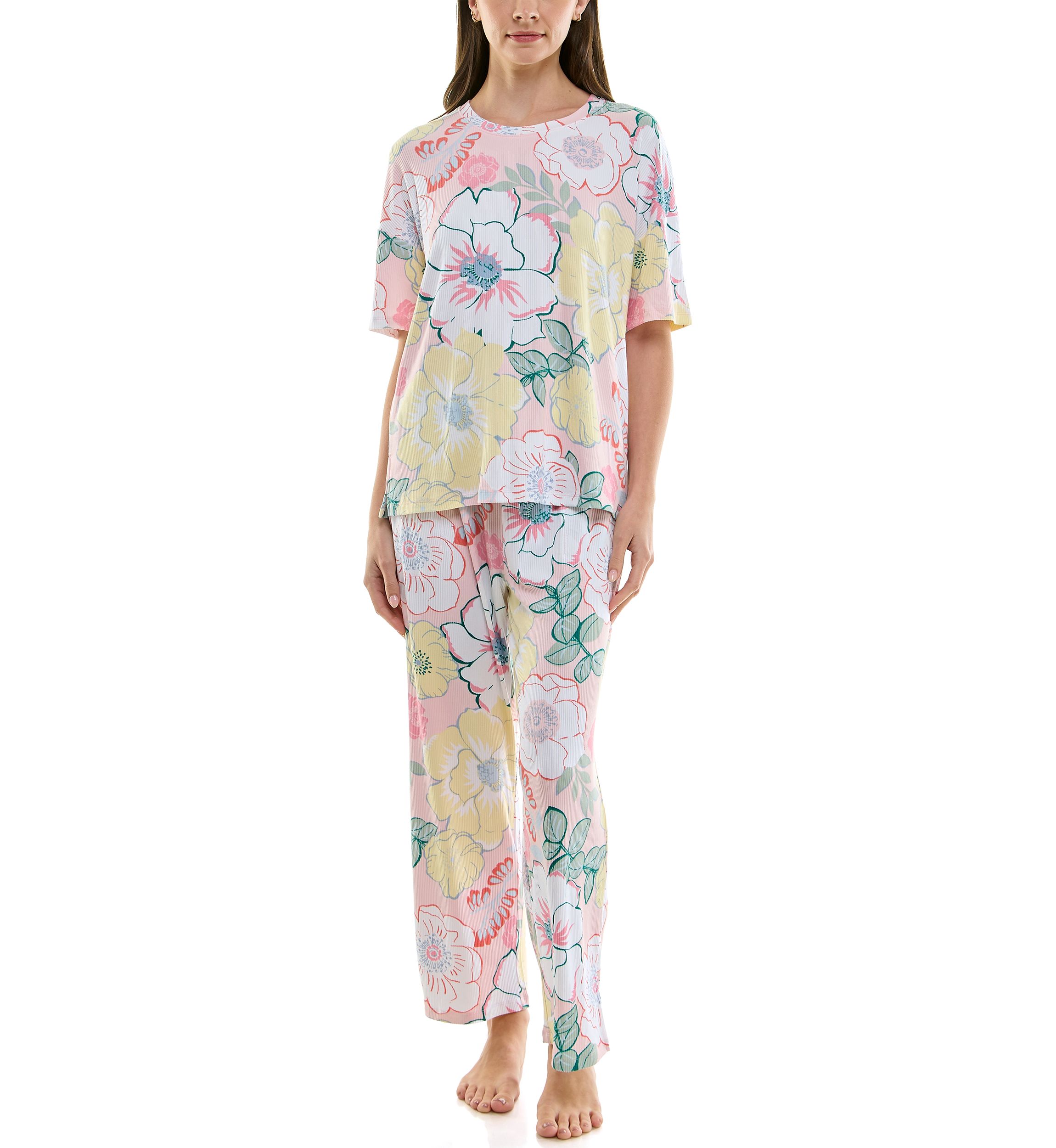 Womens Short Sleeve Rib Knit Pajama Set