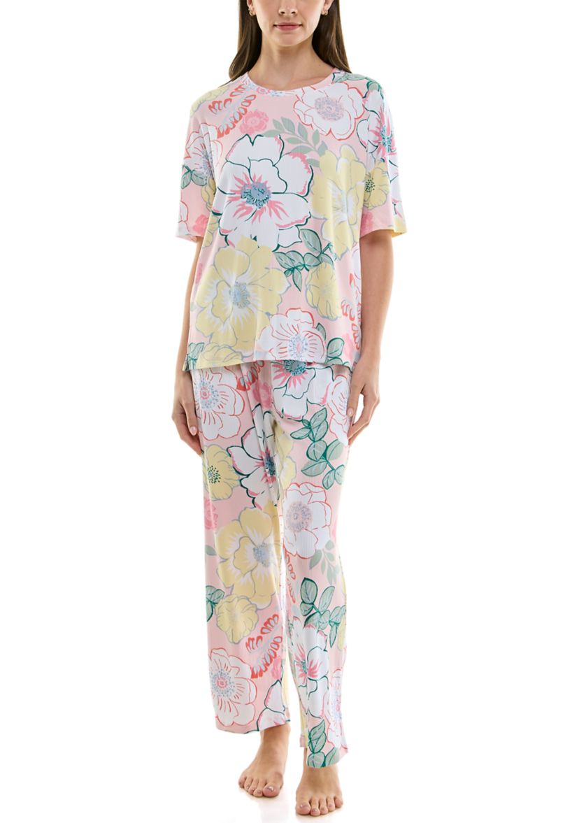 Womens Short Sleeve Rib Knit Pajama Set