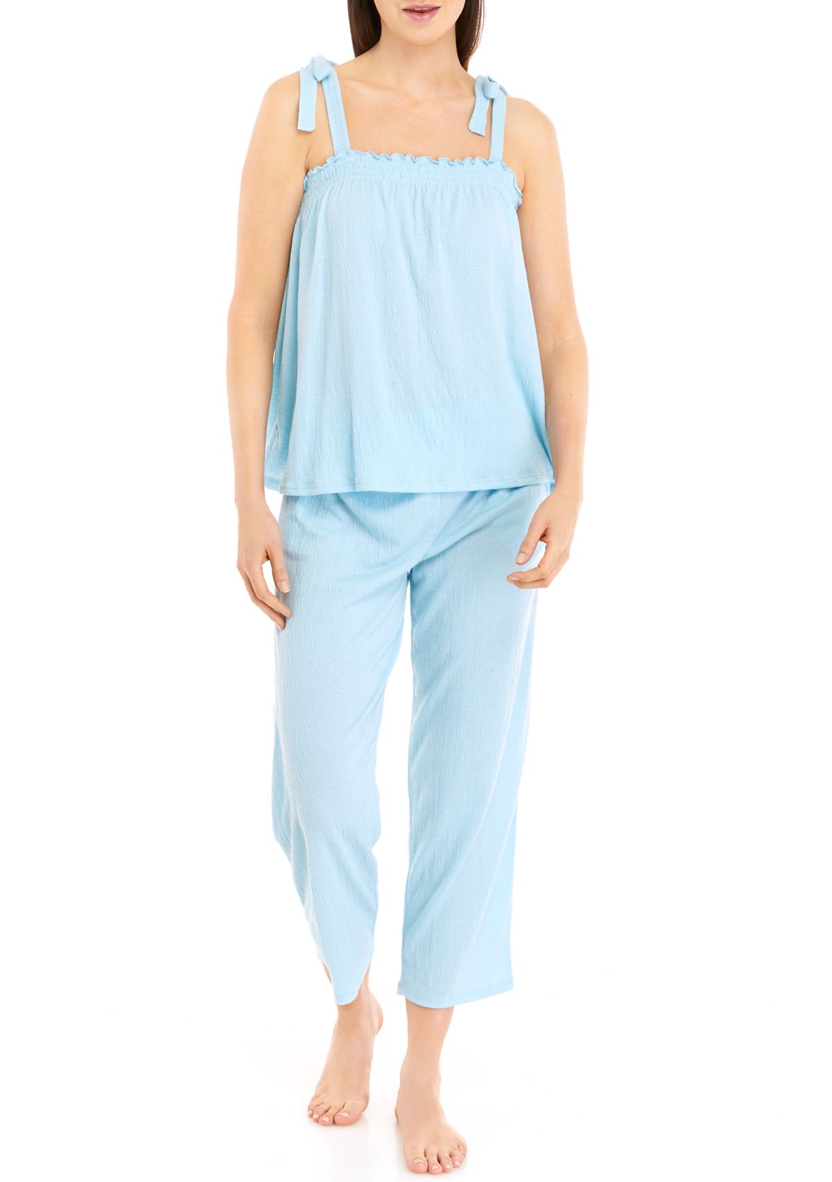Womens Smocked Tank Top and Capri Pants Pajama Set