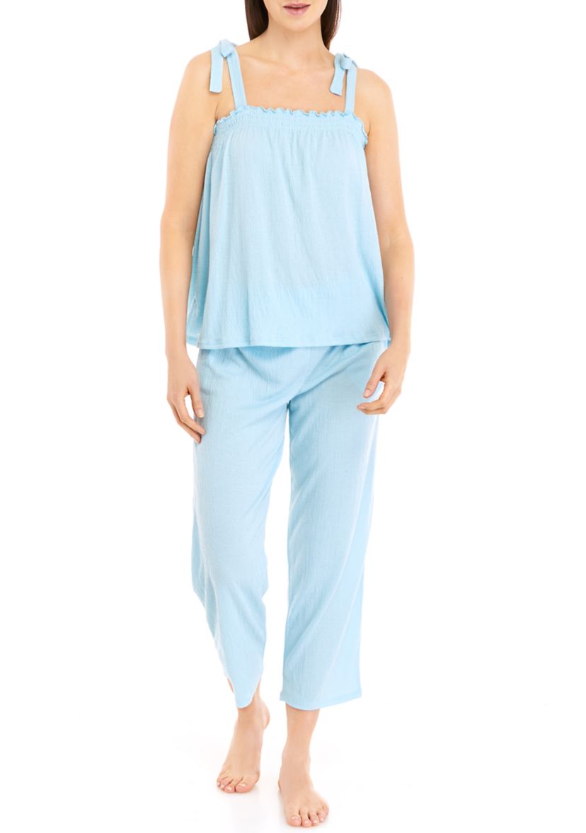 Womens Smocked Tank Top and Capri Pants Pajama Set
