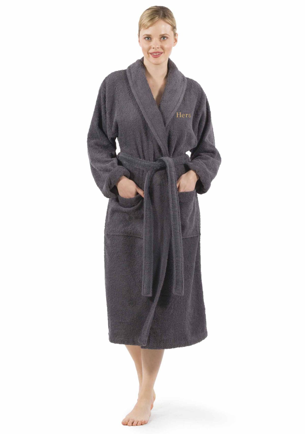Terry Bathrobe Embroidered with Hers Design in Bookman Font