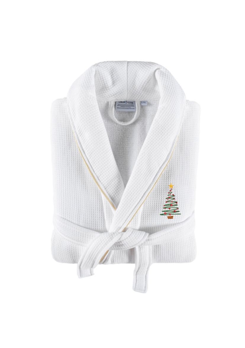 Unisex Waffle Terry Bathrobe Embroidered with Christmas Tree Design
