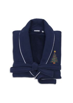 Linum Home Textiles Unisex Waffle Terry Bathrobe Embroidered with Christmas Tree Design, Navy Blue, S/M