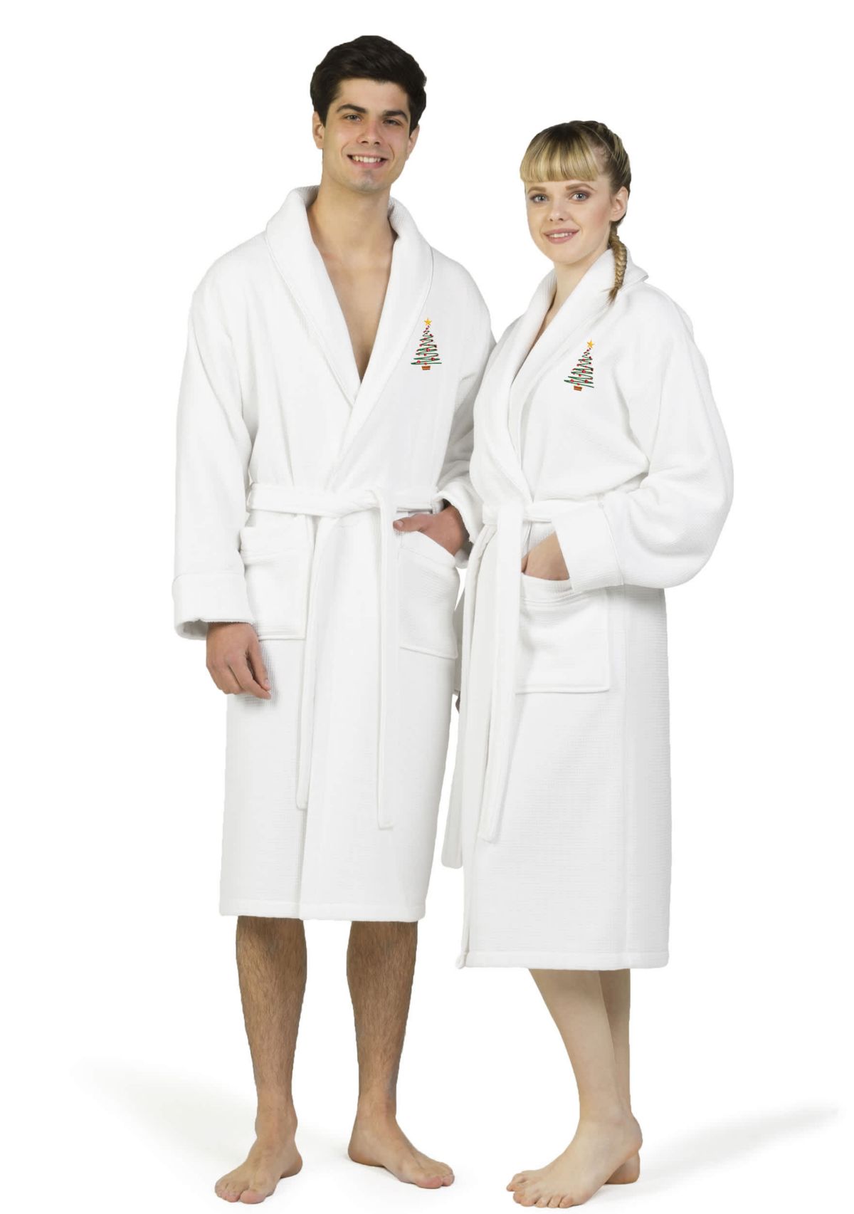 Unisex Waffle Terry Bathrobe Embroidered with Christmas Tree Design