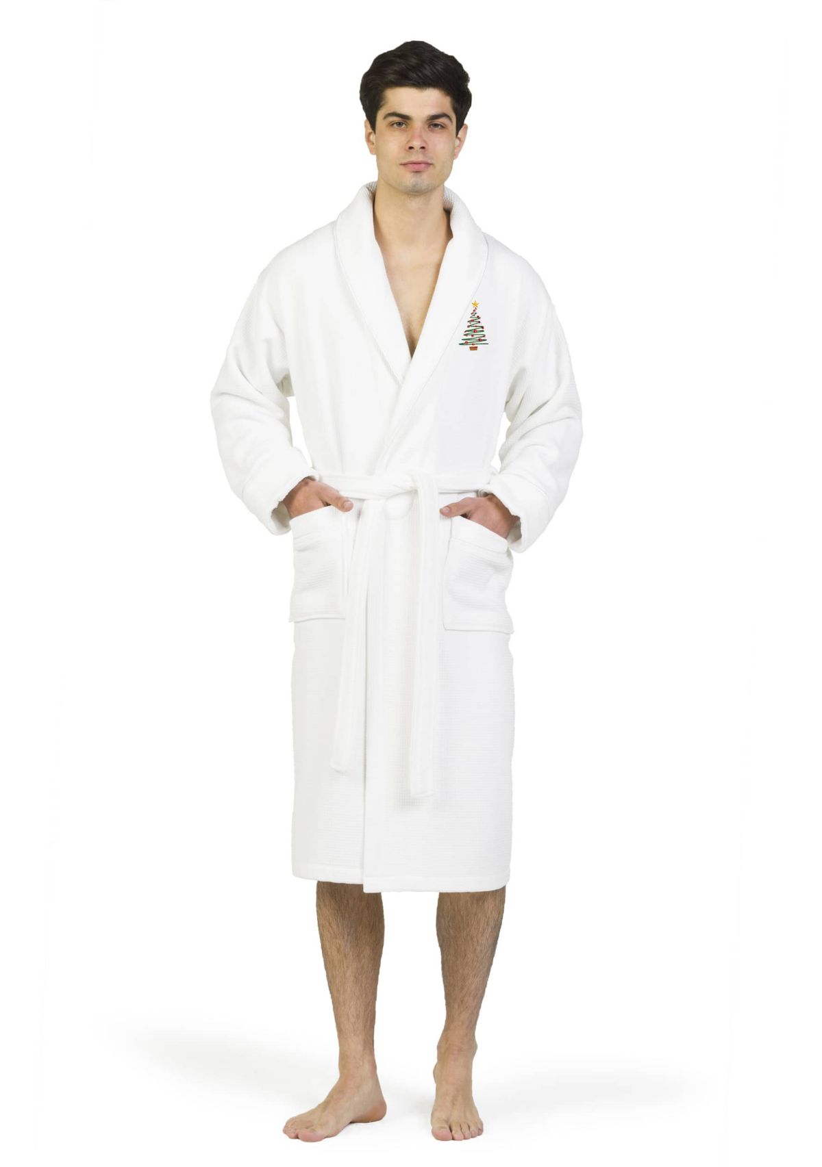 Unisex Waffle Terry Bathrobe Embroidered with Christmas Tree Design