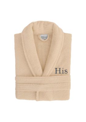 Linum Home Textiles Terry Bathrobe Embroidered with His Design in Bookman Font, Black, S/M