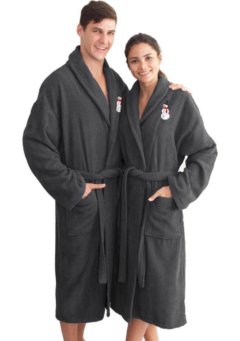Unisex Herringbone Bathrobe Embroidered with Snowman Design