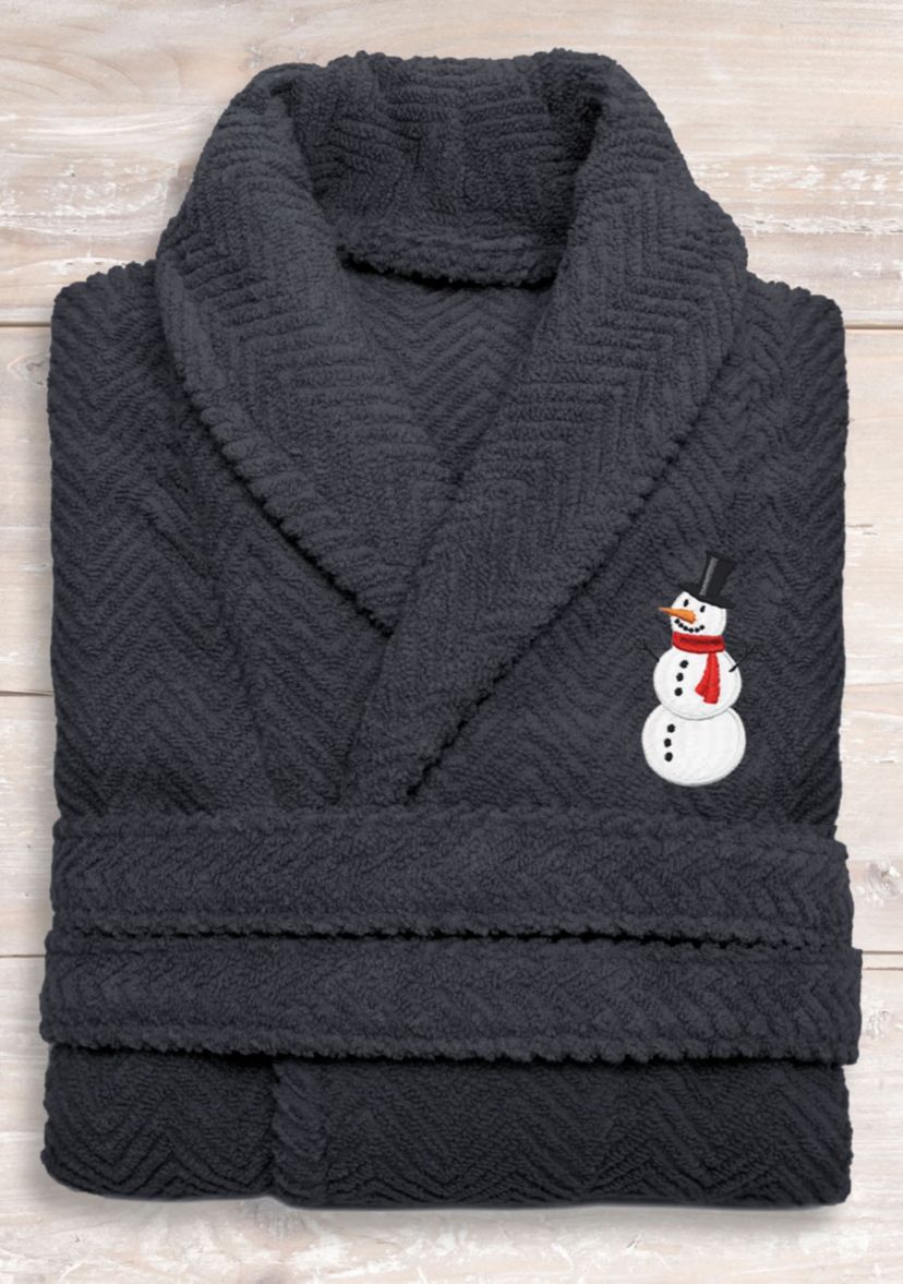 Unisex Herringbone Bathrobe Embroidered with Snowman Design