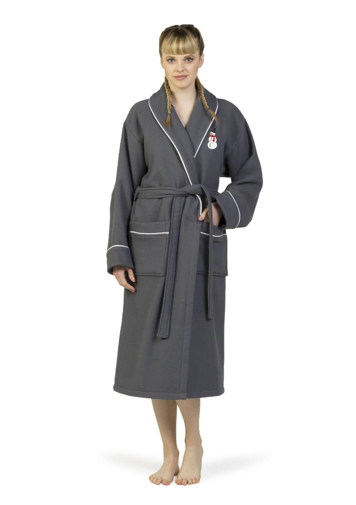 Unisex Waffle Terry Bathrobe Embroidered with Snowman Design
