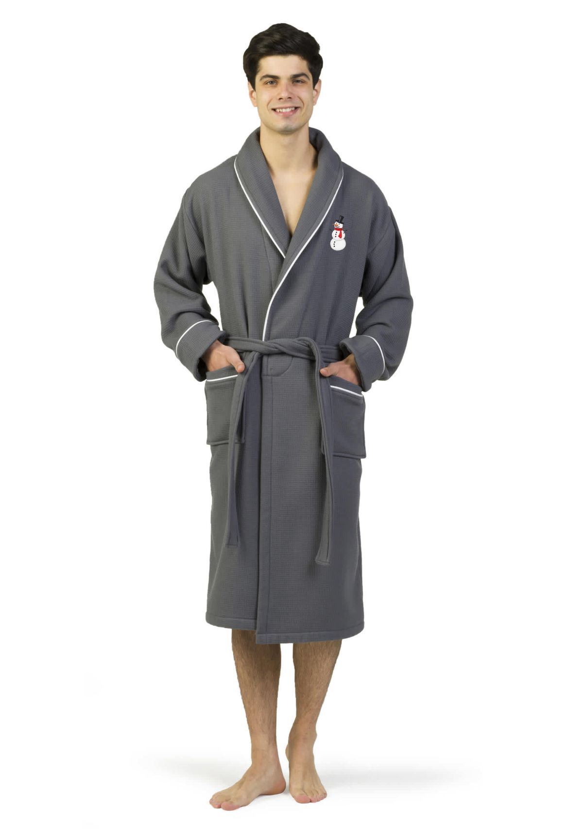 Unisex Waffle Terry Bathrobe Embroidered with Snowman Design