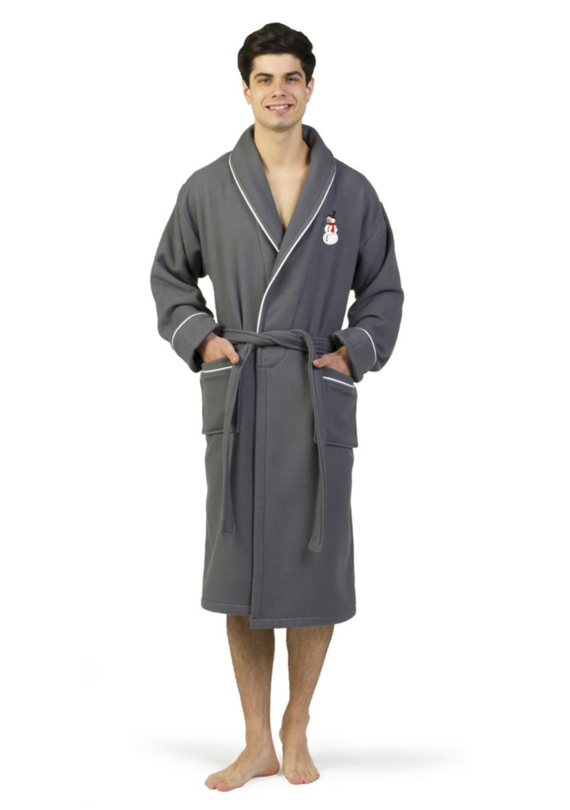 Unisex Waffle Terry Bathrobe Embroidered with Snowman Design