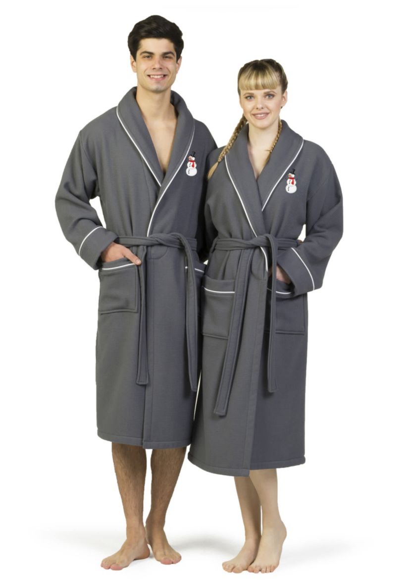 Unisex Waffle Terry Bathrobe Embroidered with Snowman Design