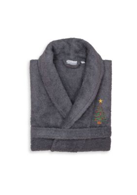 Linum Home Textiles Unisex Terry Bathrobe Embroidered with Christmas Tree Design, Gray, S/M