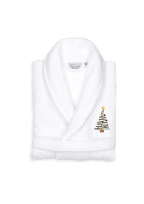 Linum Home Textiles Unisex Terry Bathrobe Embroidered with Christmas Tree Design, White, L/XL