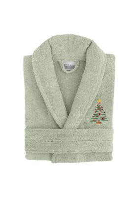 Linum Home Textiles Unisex Terry Bathrobe Embroidered with Christmas Tree Design, Green, L/XL