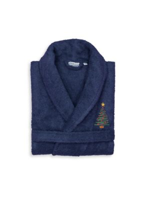 Linum Home Textiles Unisex Terry Bathrobe Embroidered with Christmas Tree Design, Navy Blue, S/M