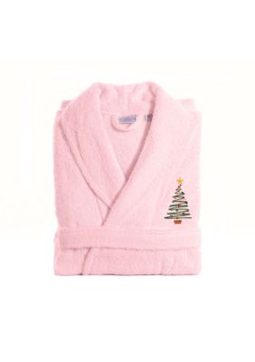 Linum Home Textiles Unisex Terry Bathrobe Embroidered with Christmas Tree Design, Pink, S/M