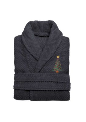 Linum Home Textiles Unisex Herringbone Bathrobe Embroidered with Christmas Tree Design, Gray, L/XL