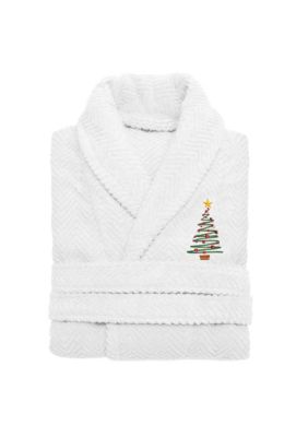 Linum Home Textiles Unisex Herringbone Bathrobe Embroidered with Christmas Tree Design, White, S/M