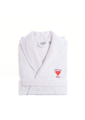 Linum Home Textiles Women's Terry Bathrobe Embroidered with I Love You Mom Design, White, S/M