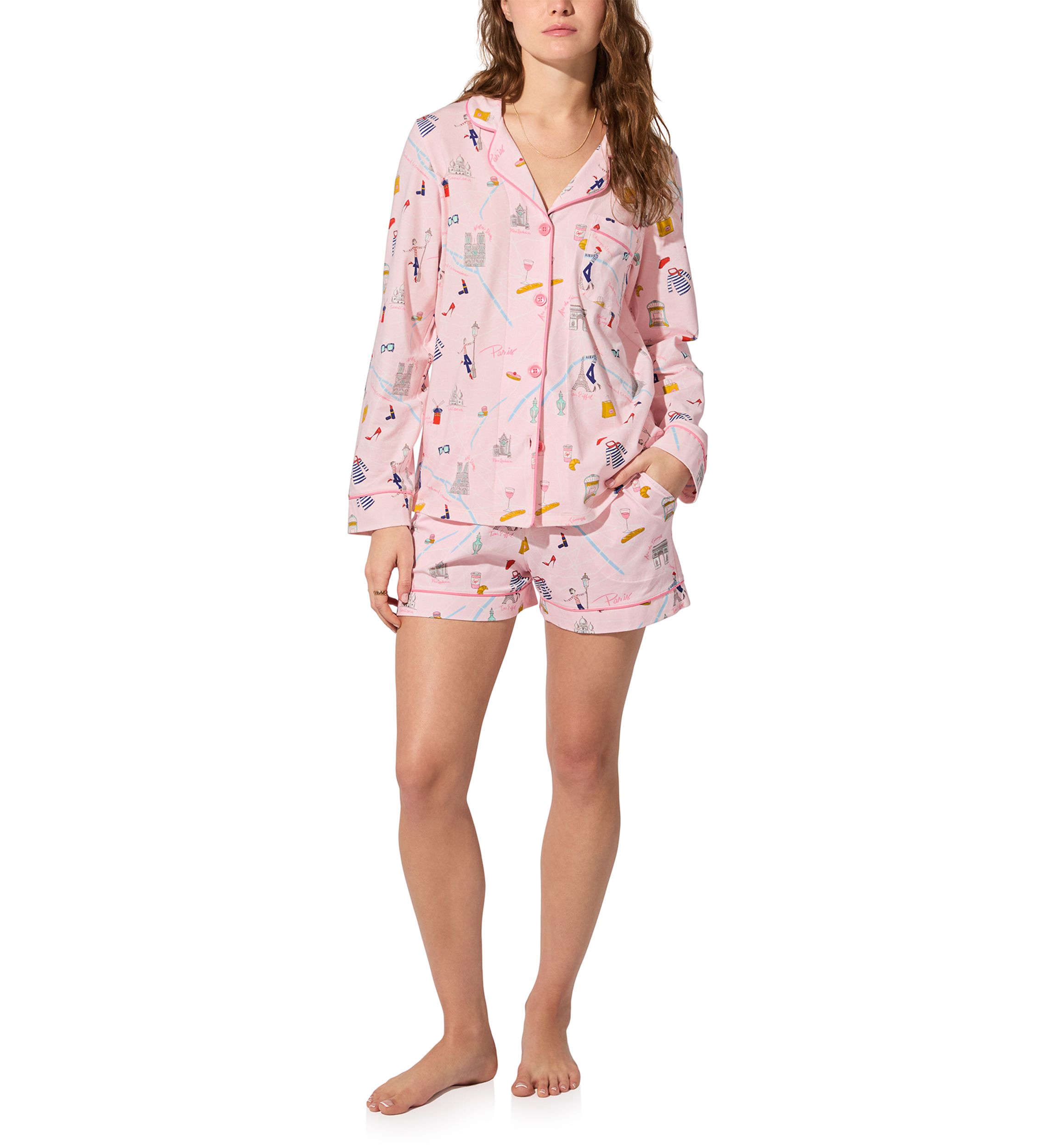 Cotton Knit Long Sleeve Short Pajama Set