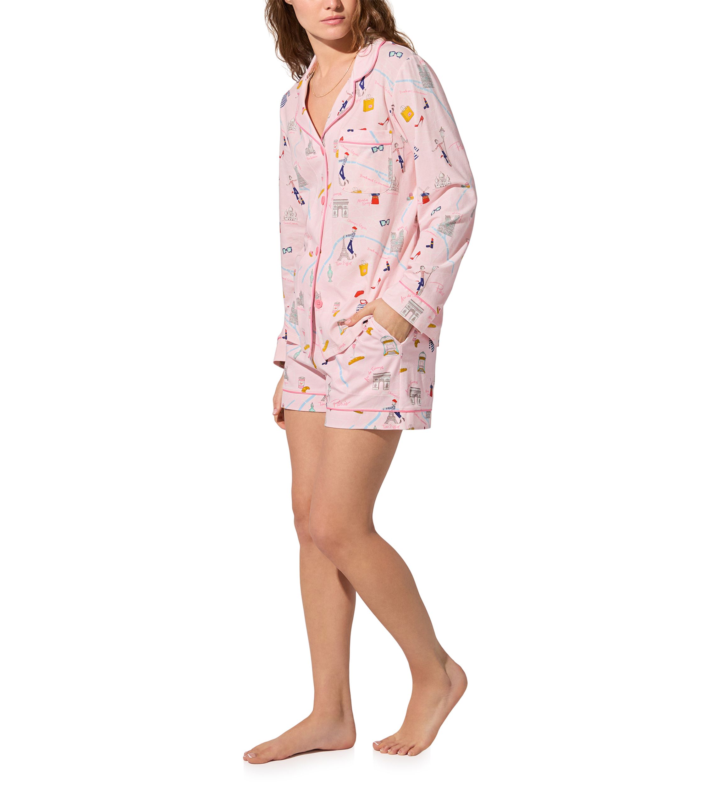 Cotton Knit Long Sleeve Short Pajama Set