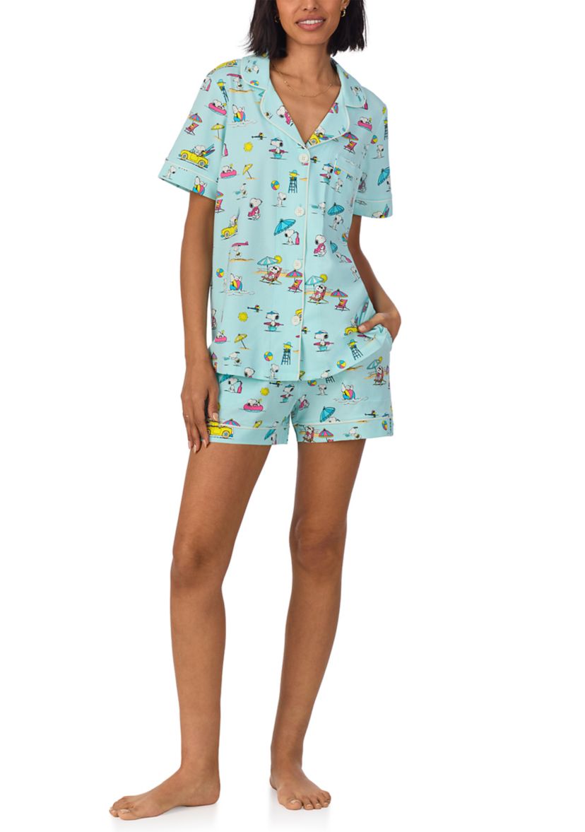 Womens Cotton Knit Short Sleeve Boxer Pajama Set