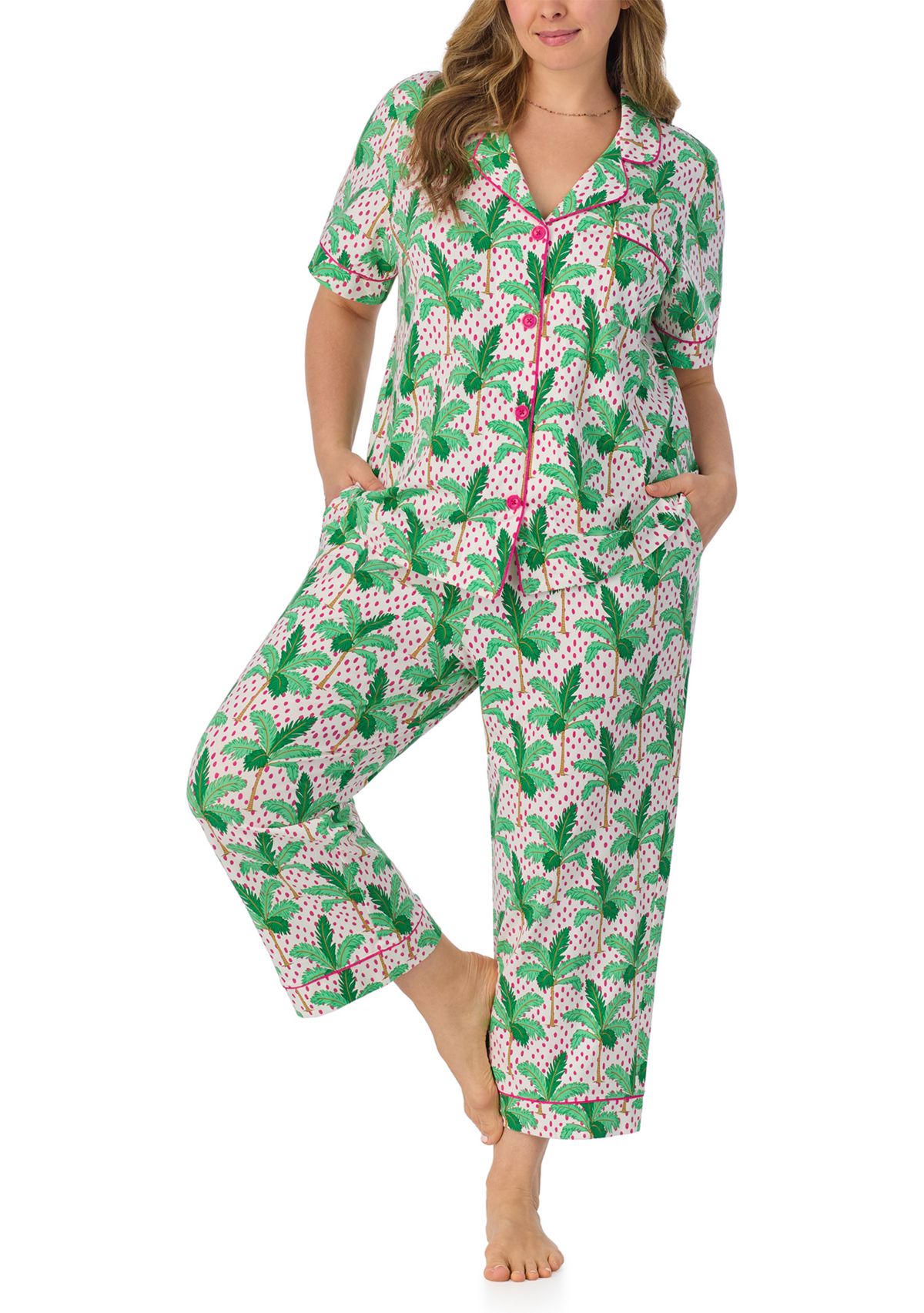 Womens Cotton Knit Short Sleeve Cropped Pajama Set