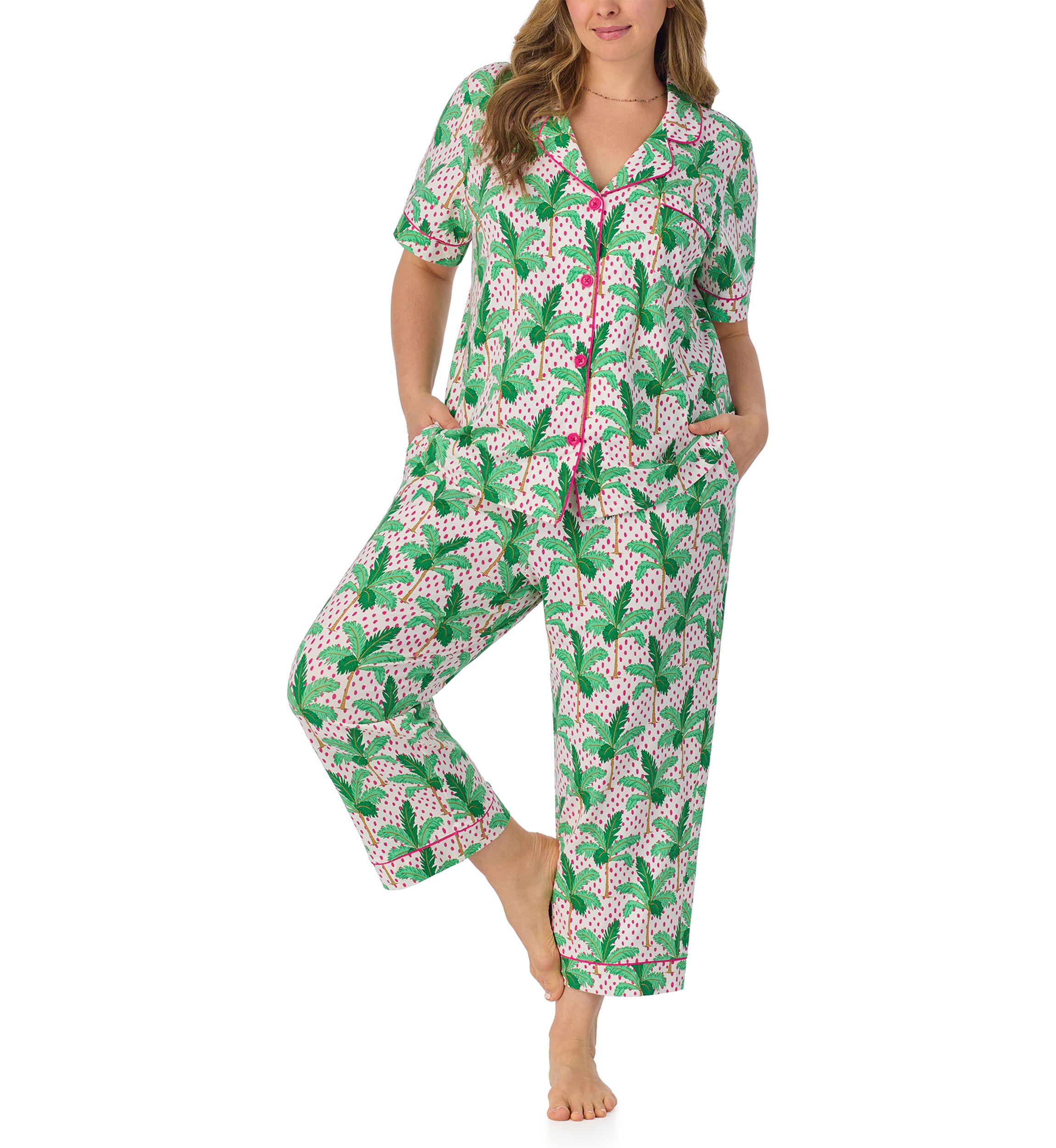 Womens Cotton Knit Short Sleeve Cropped Pajama Set