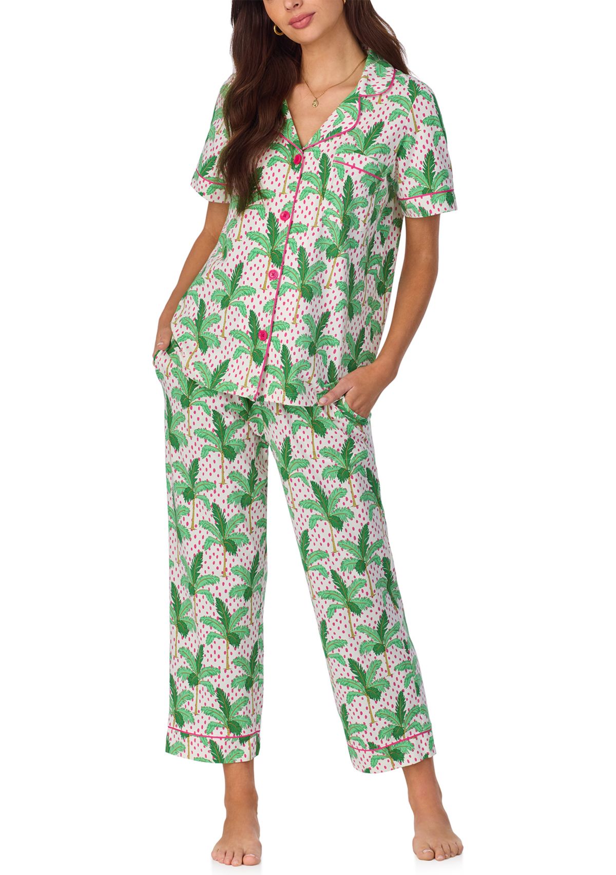 Womens Cotton Knit Short Sleeve Cropped Pajama Set