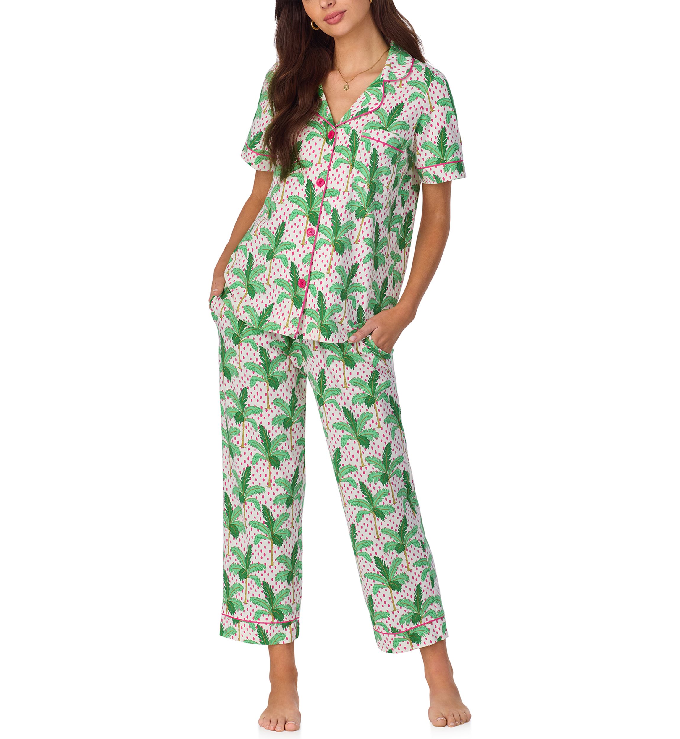 Womens Cotton Knit Short Sleeve Cropped Pajama Set