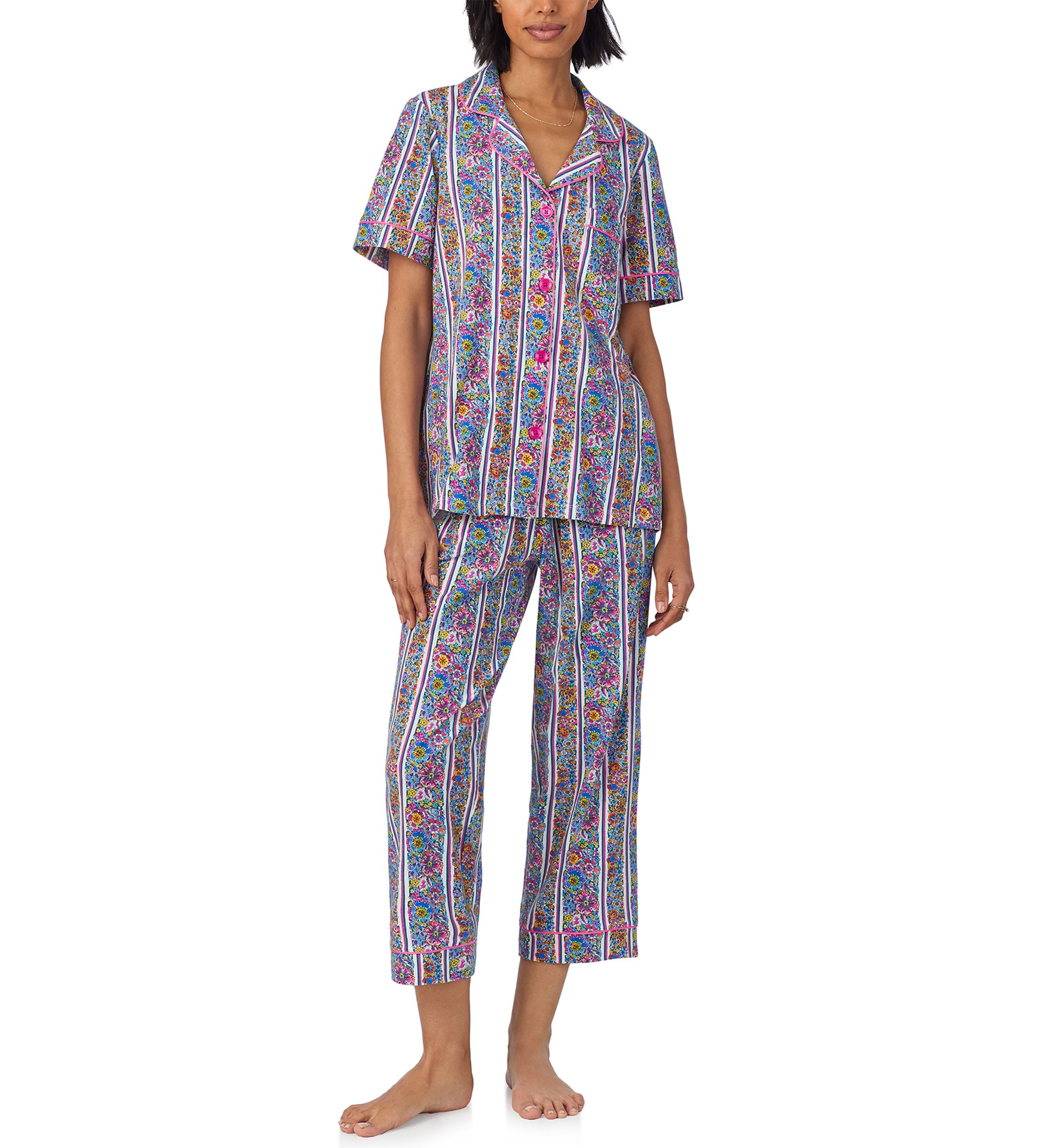 Womens Cotton Knit Short Sleeve Cropped Pajama Set