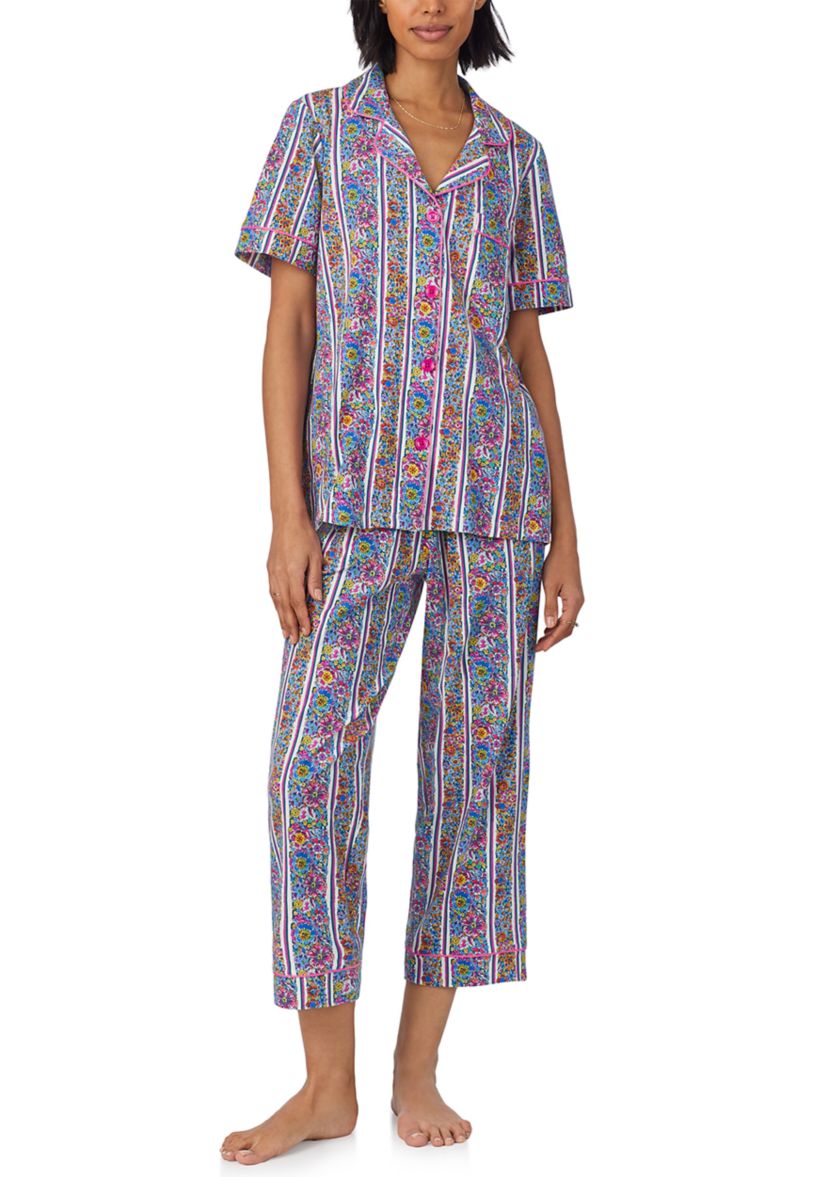 Womens Cotton Knit Short Sleeve Cropped Pajama Set
