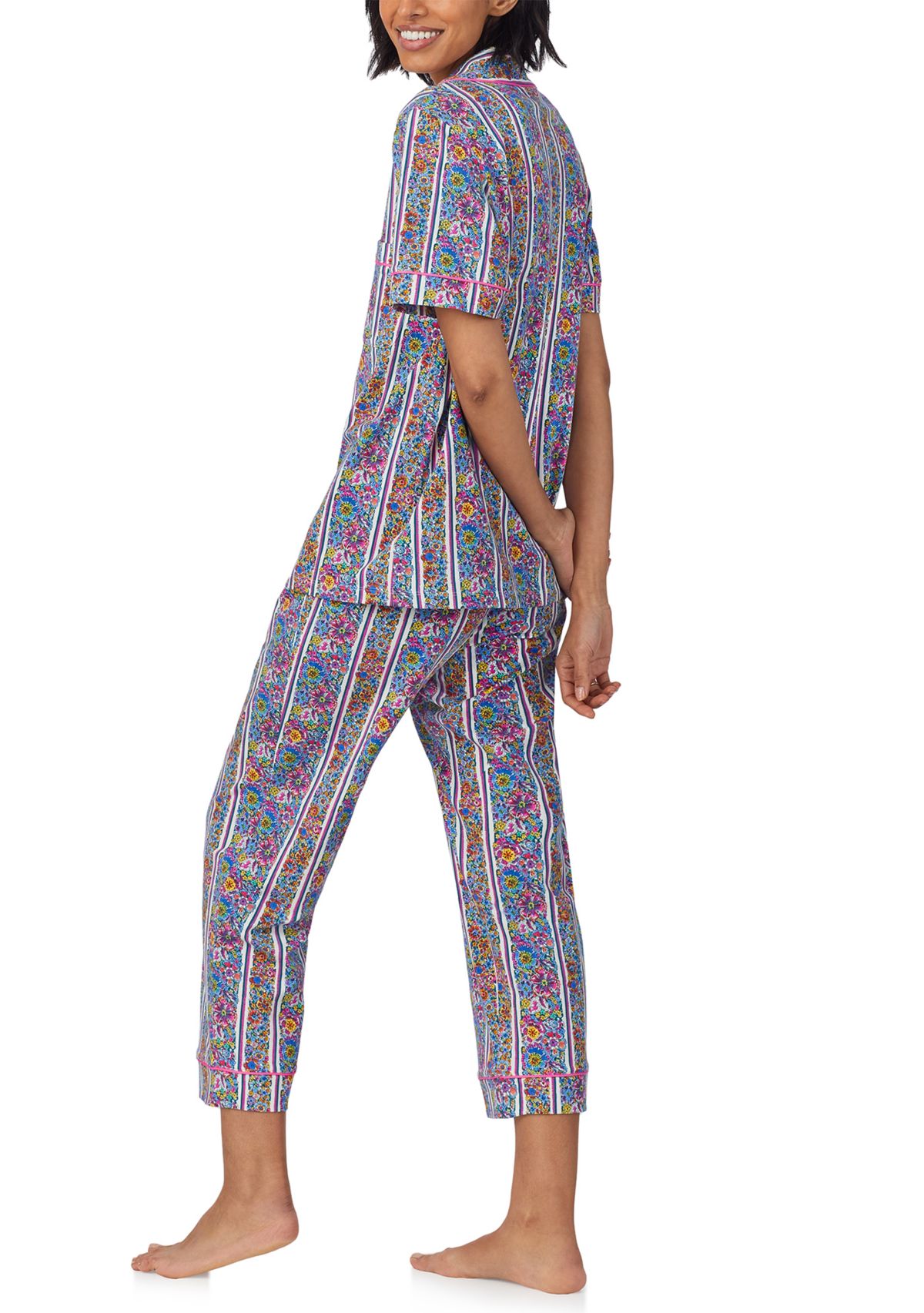 Womens Cotton Knit Short Sleeve Cropped Pajama Set