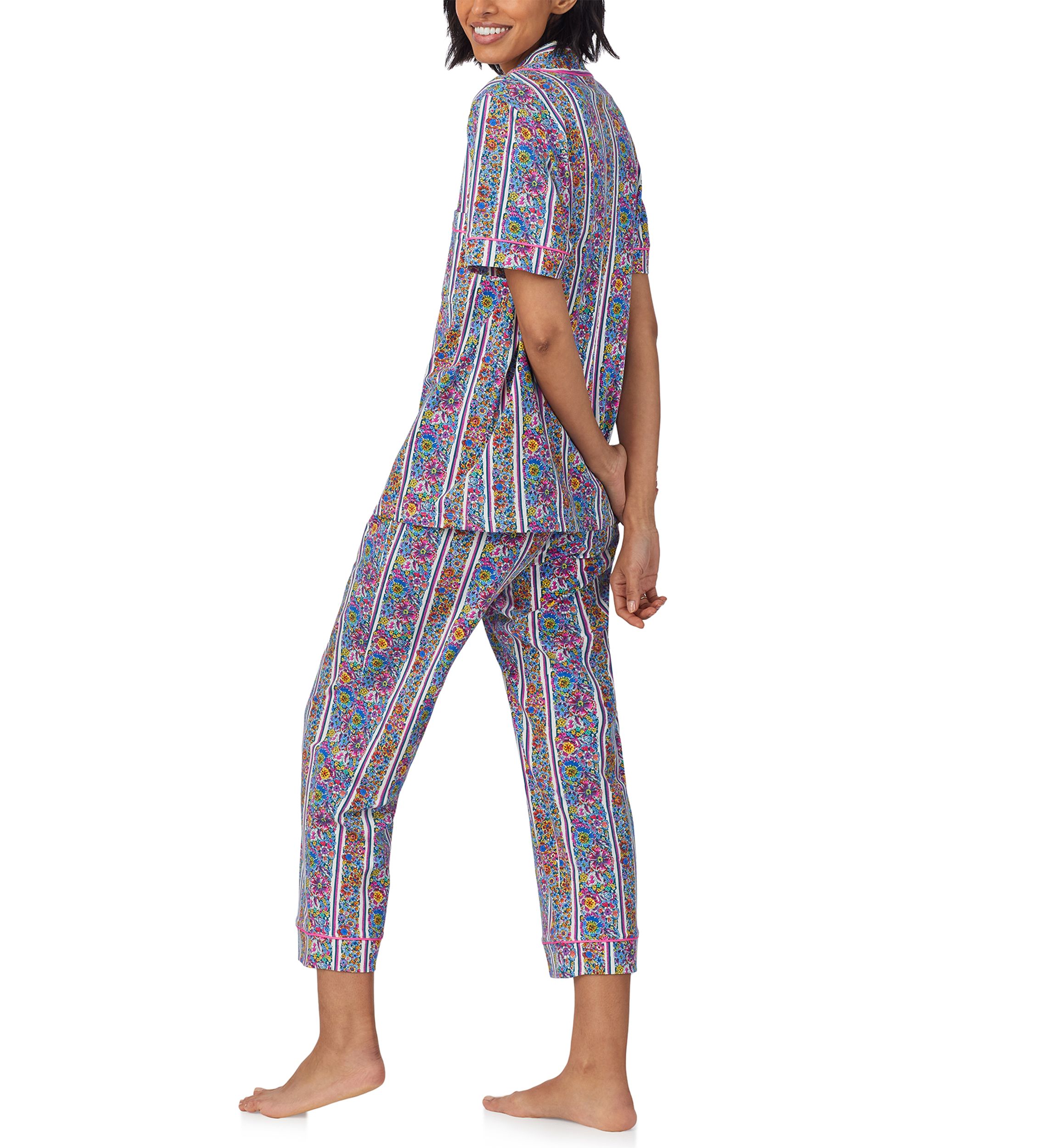 Womens Cotton Knit Short Sleeve Cropped Pajama Set