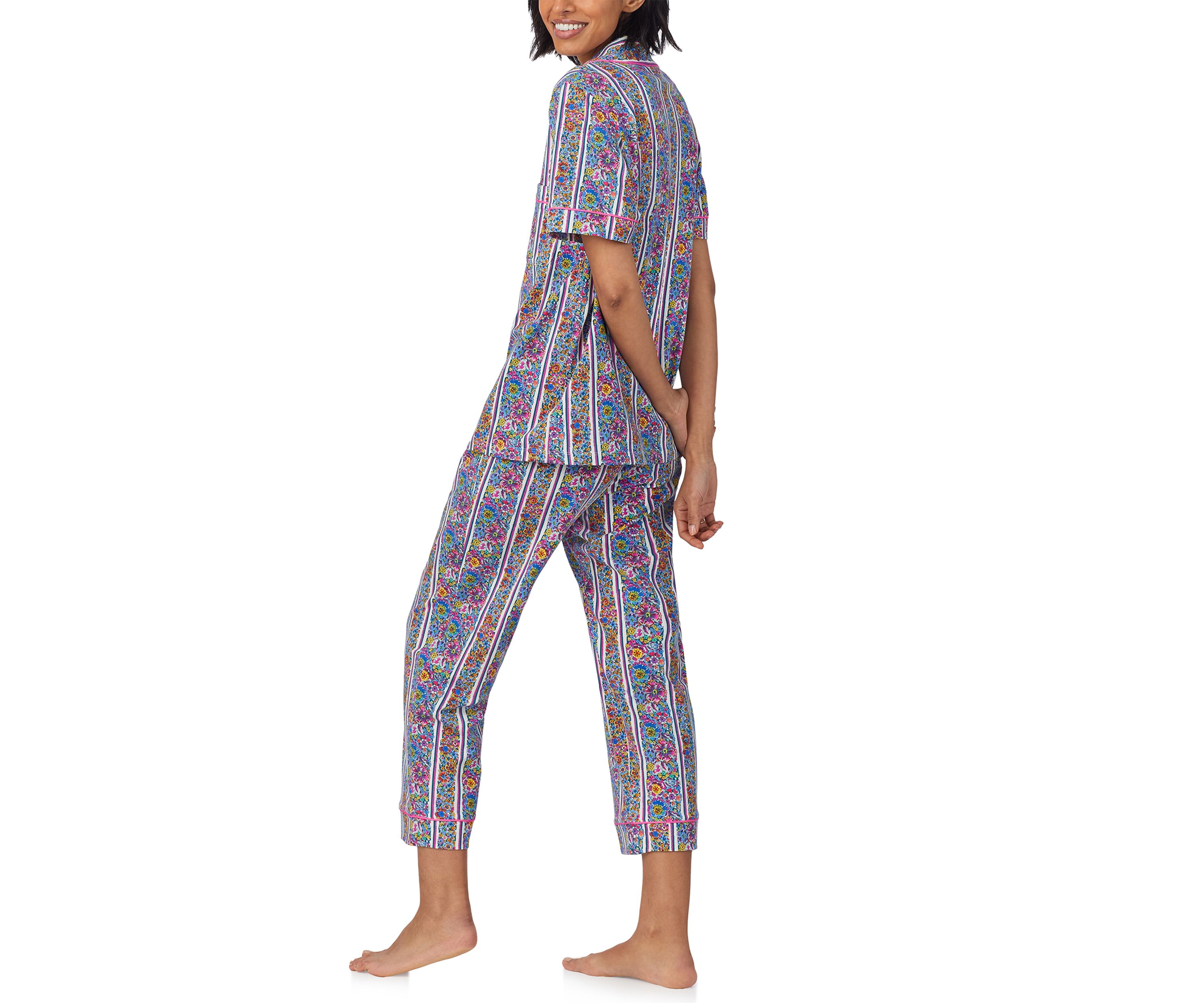 Womens Cotton Knit Short Sleeve Cropped Pajama Set