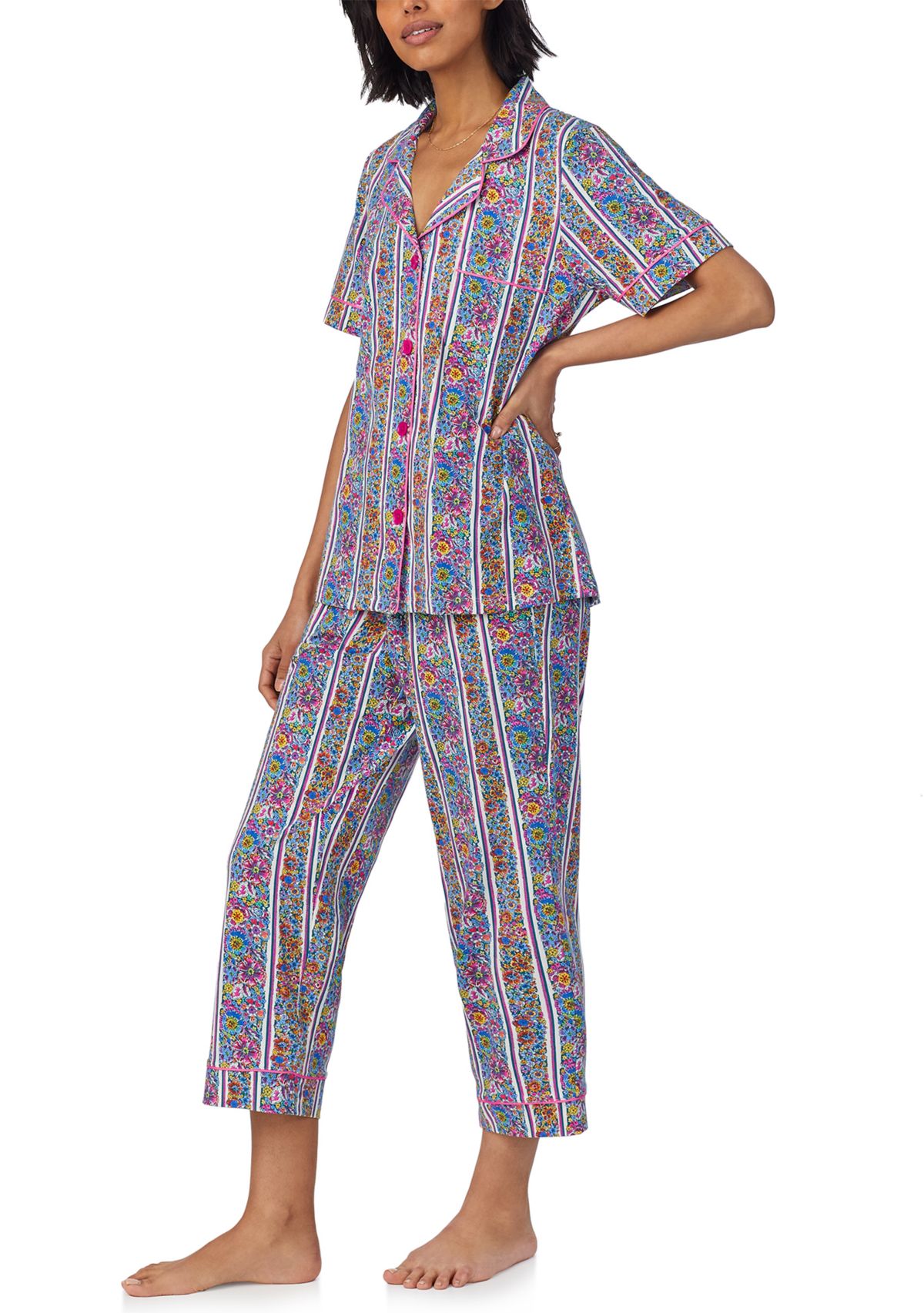 Womens Cotton Knit Short Sleeve Cropped Pajama Set