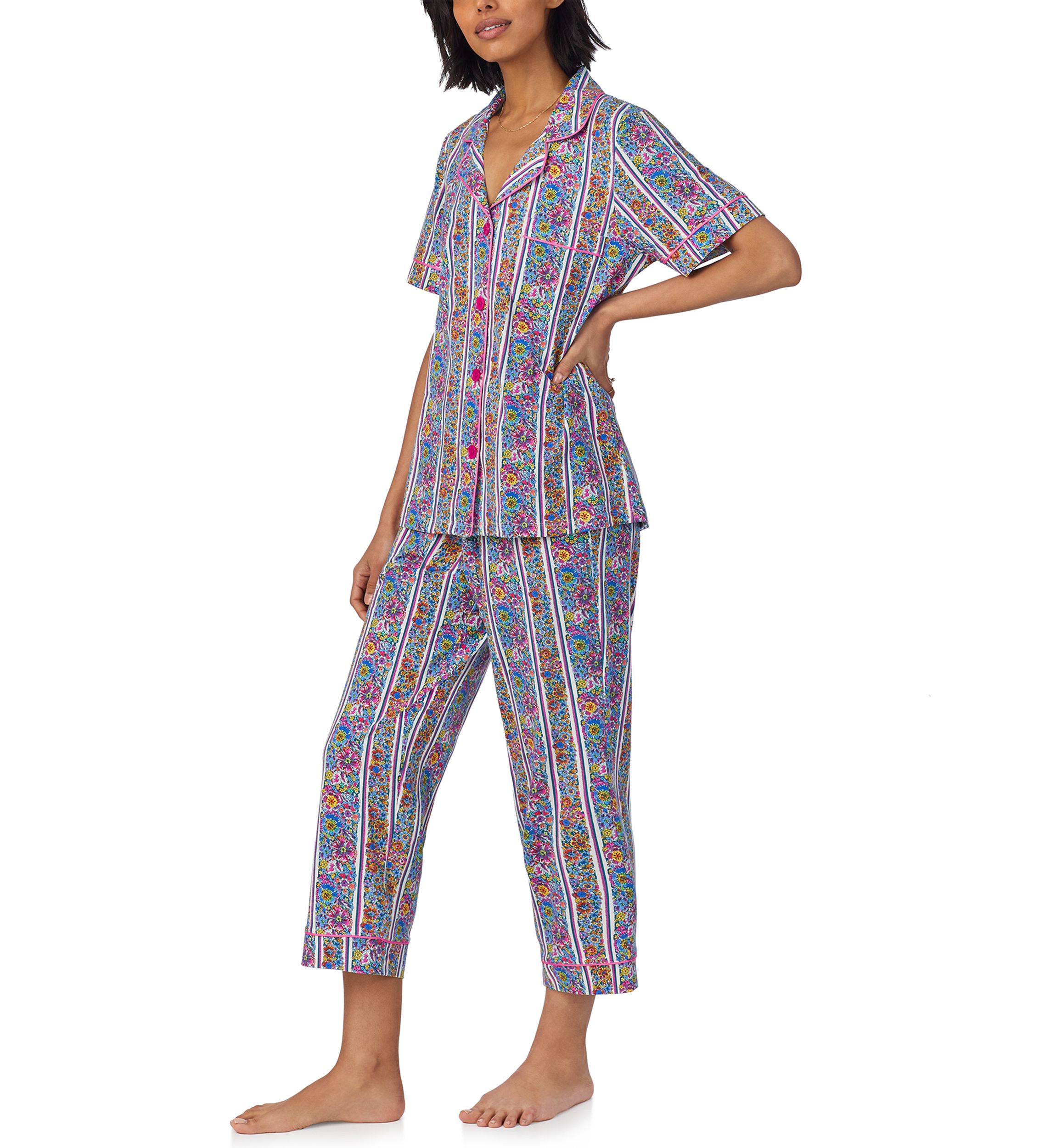 Womens Cotton Knit Short Sleeve Cropped Pajama Set