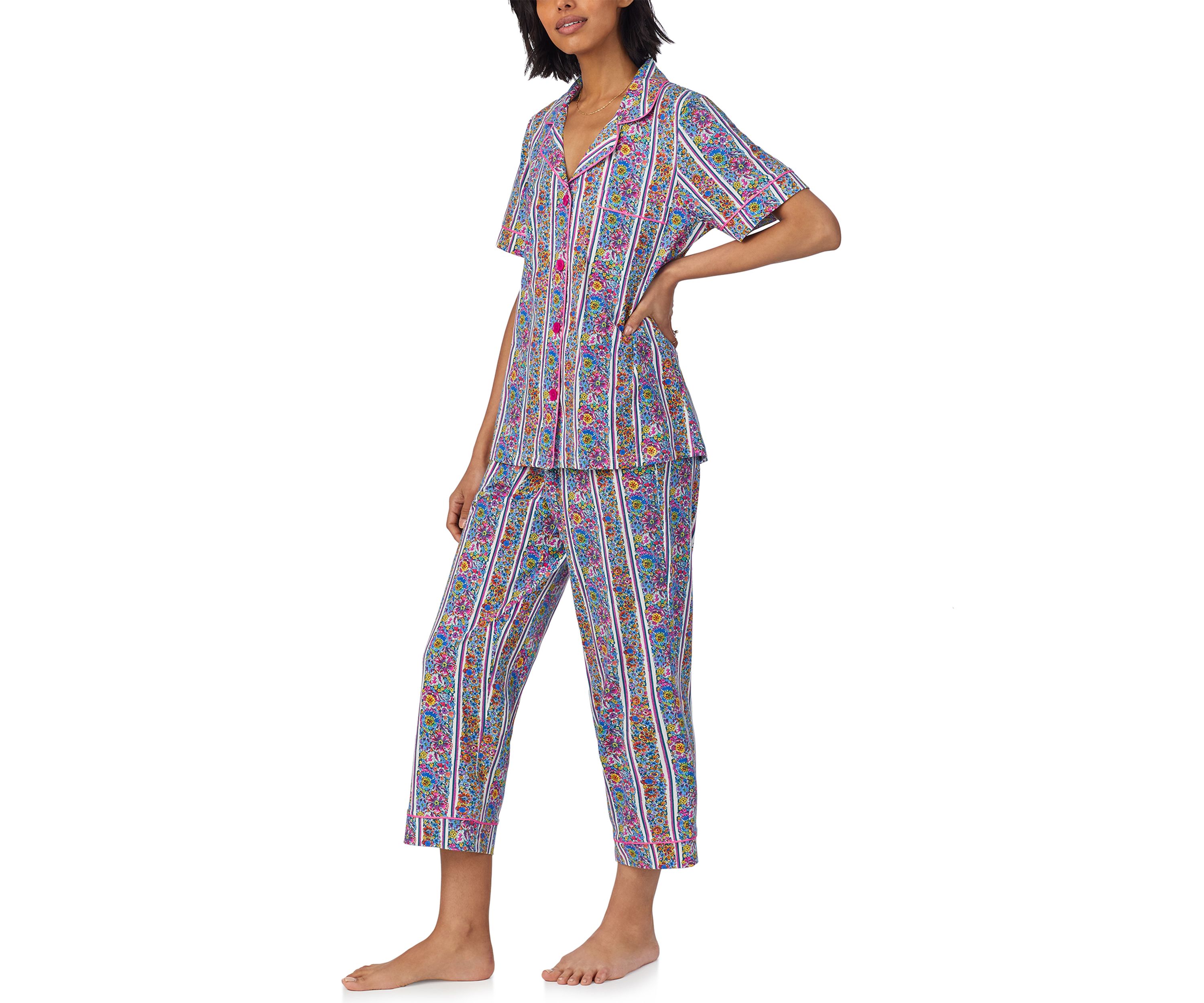 Womens Cotton Knit Short Sleeve Cropped Pajama Set