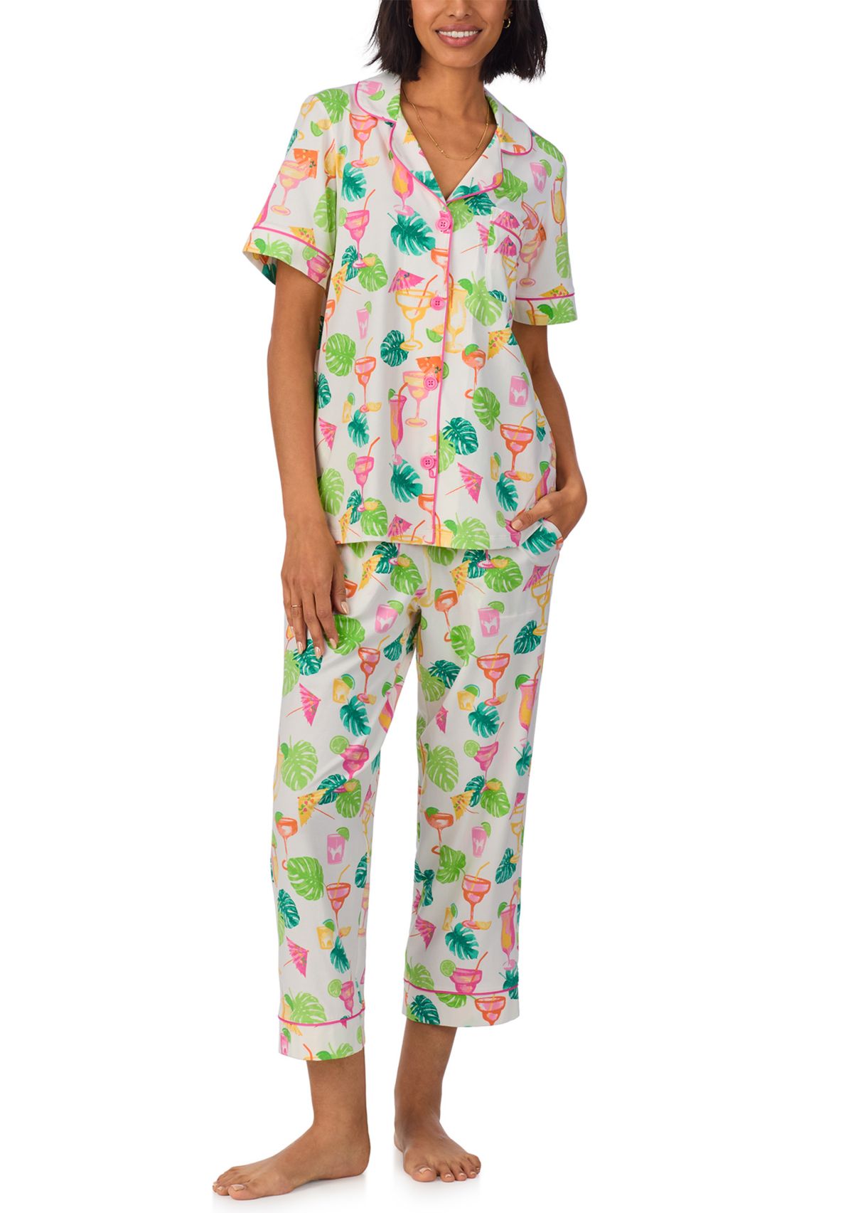 Cotton Knit Printed Short Sleeve Cropped Pajamas Set