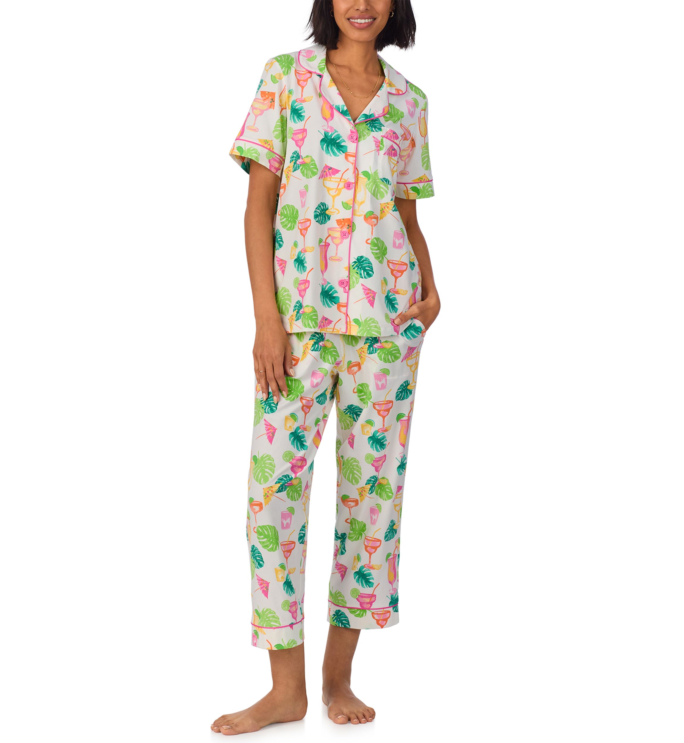 Cotton Knit Printed Short Sleeve Cropped Pajamas Set