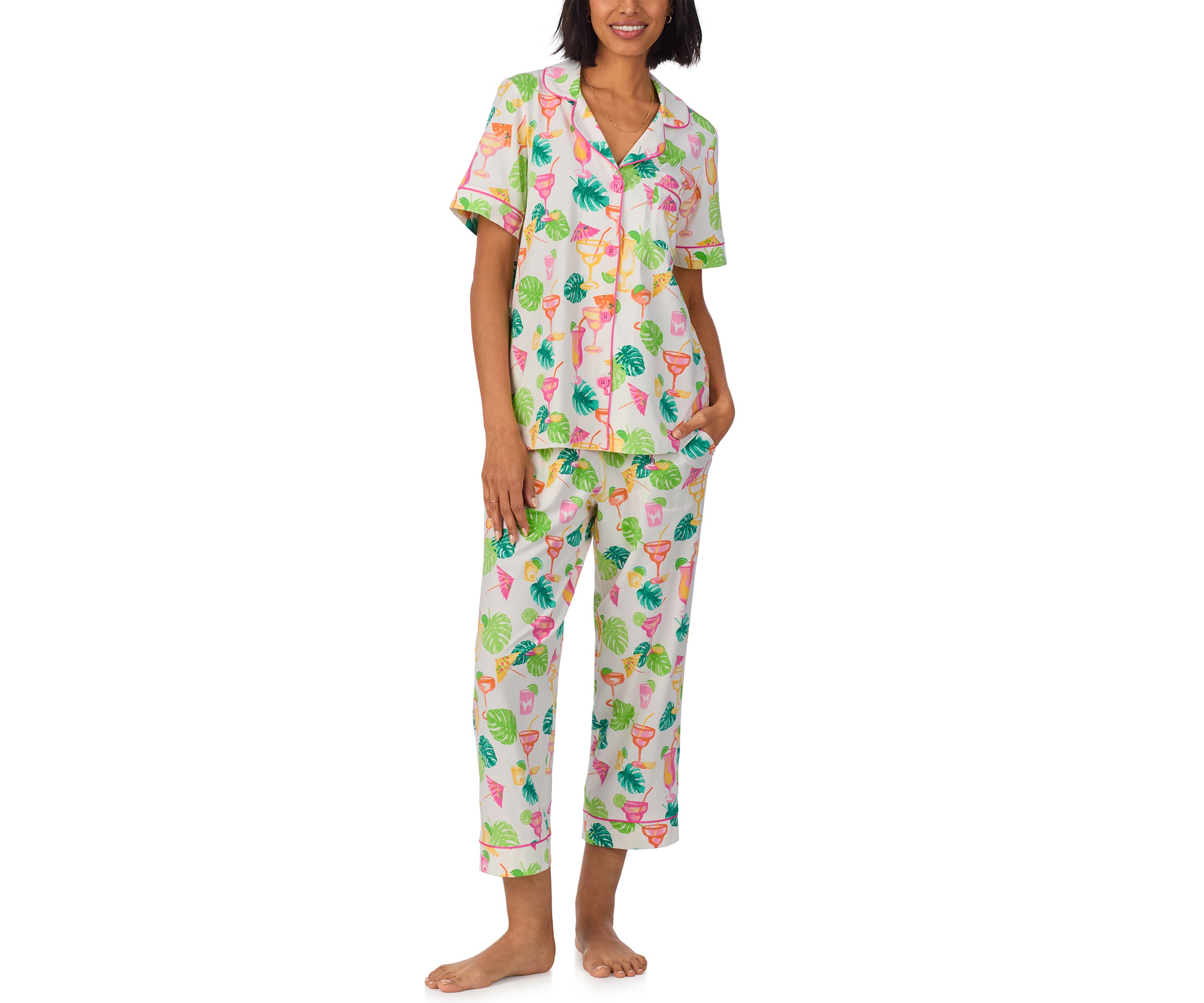 Cotton Knit Printed Short Sleeve Cropped Pajamas Set
