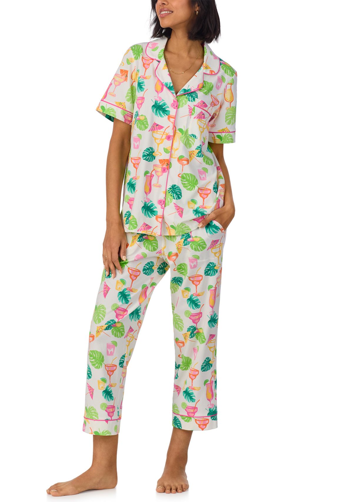 Cotton Knit Printed Short Sleeve Cropped Pajamas Set