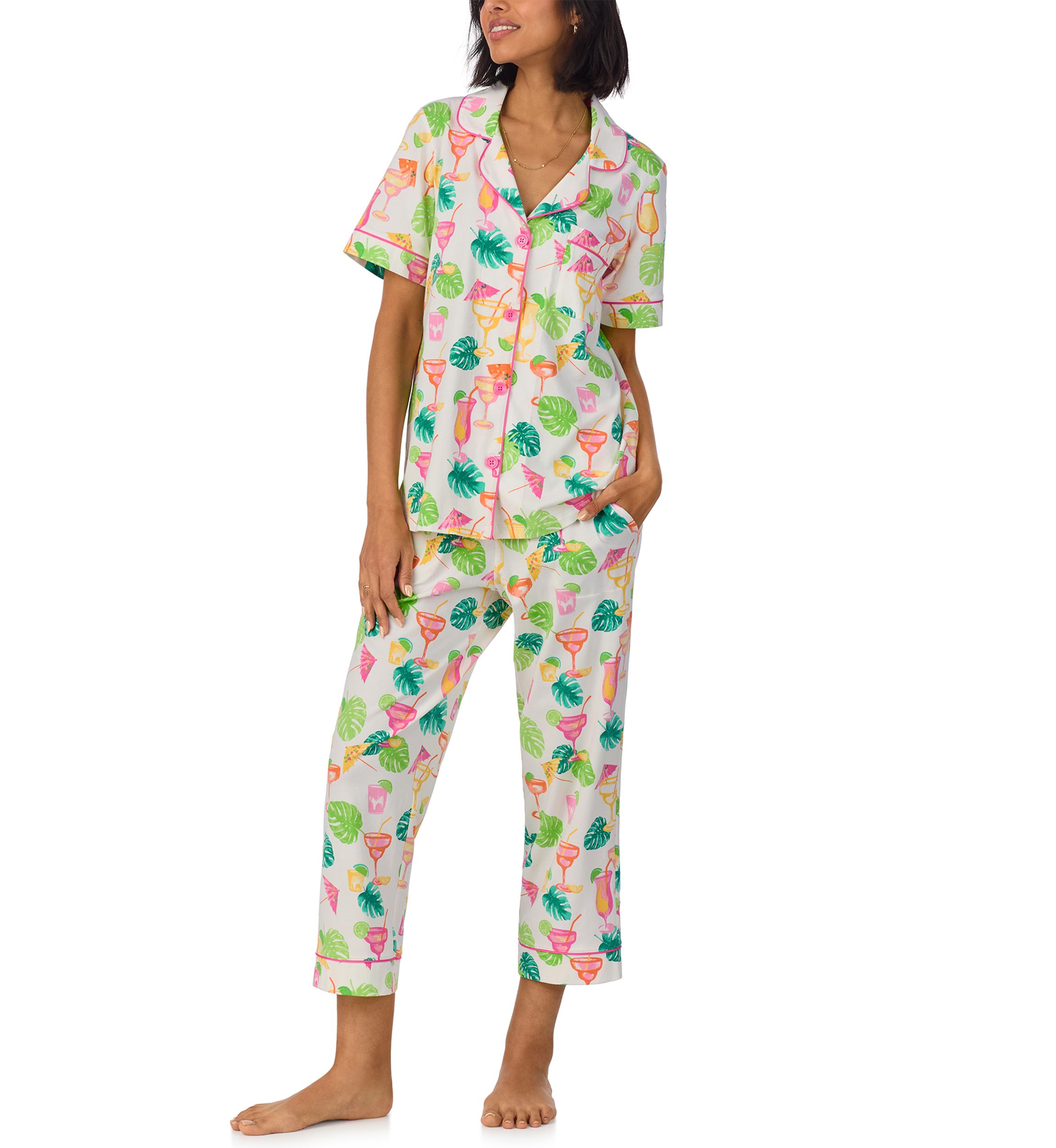 Cotton Knit Printed Short Sleeve Cropped Pajamas Set