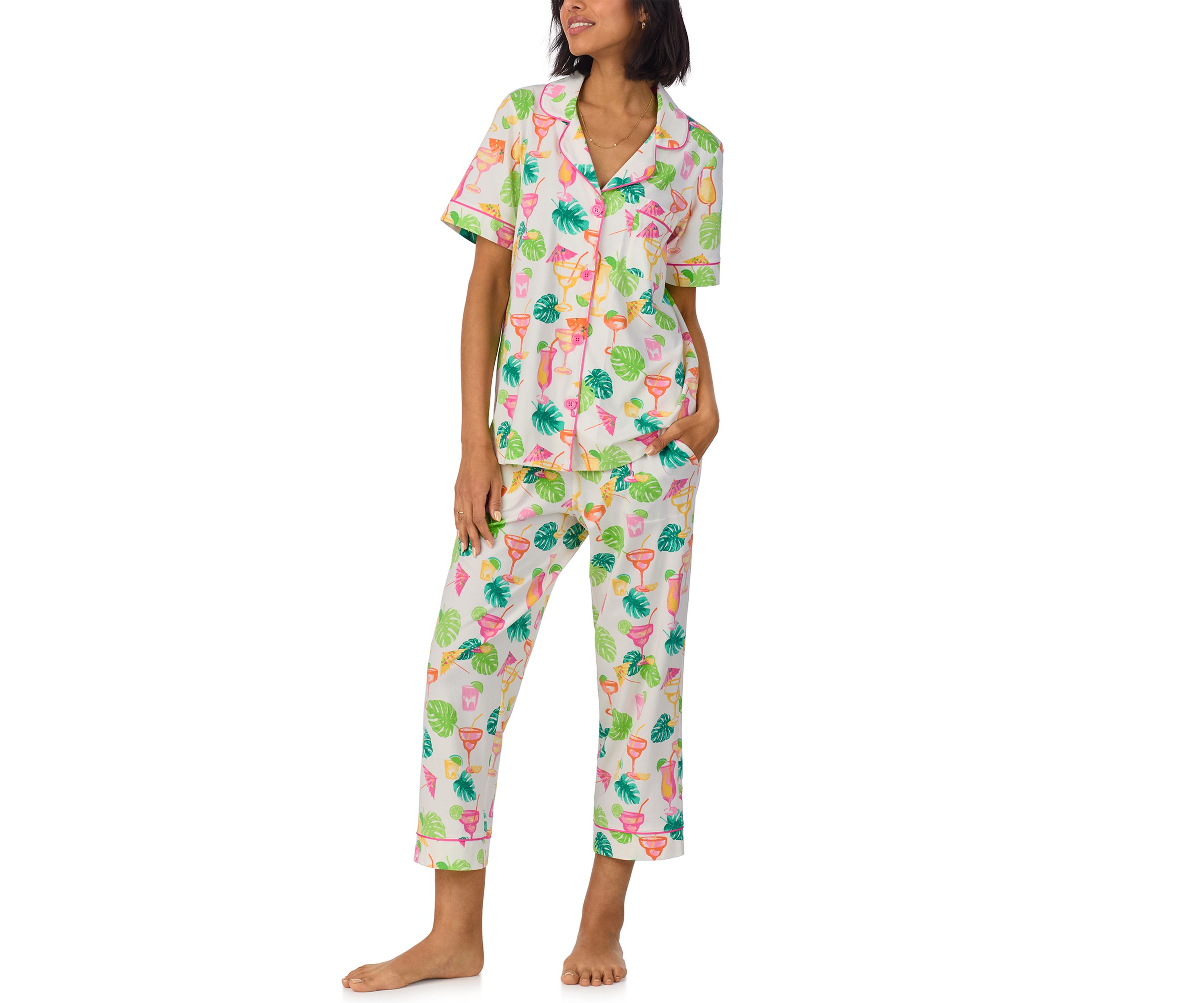 Cotton Knit Printed Short Sleeve Cropped Pajamas Set