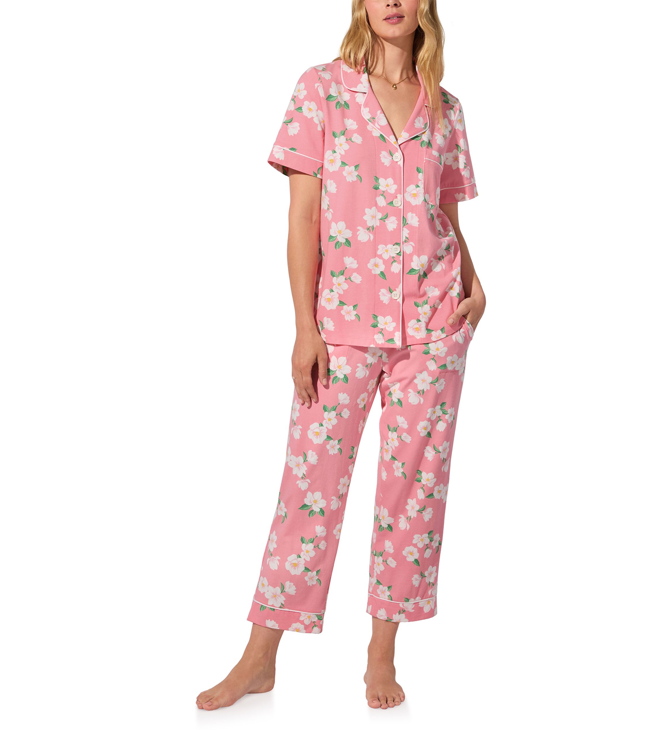 Cotton Knit Short Sleeve Cropped Pajama Set 