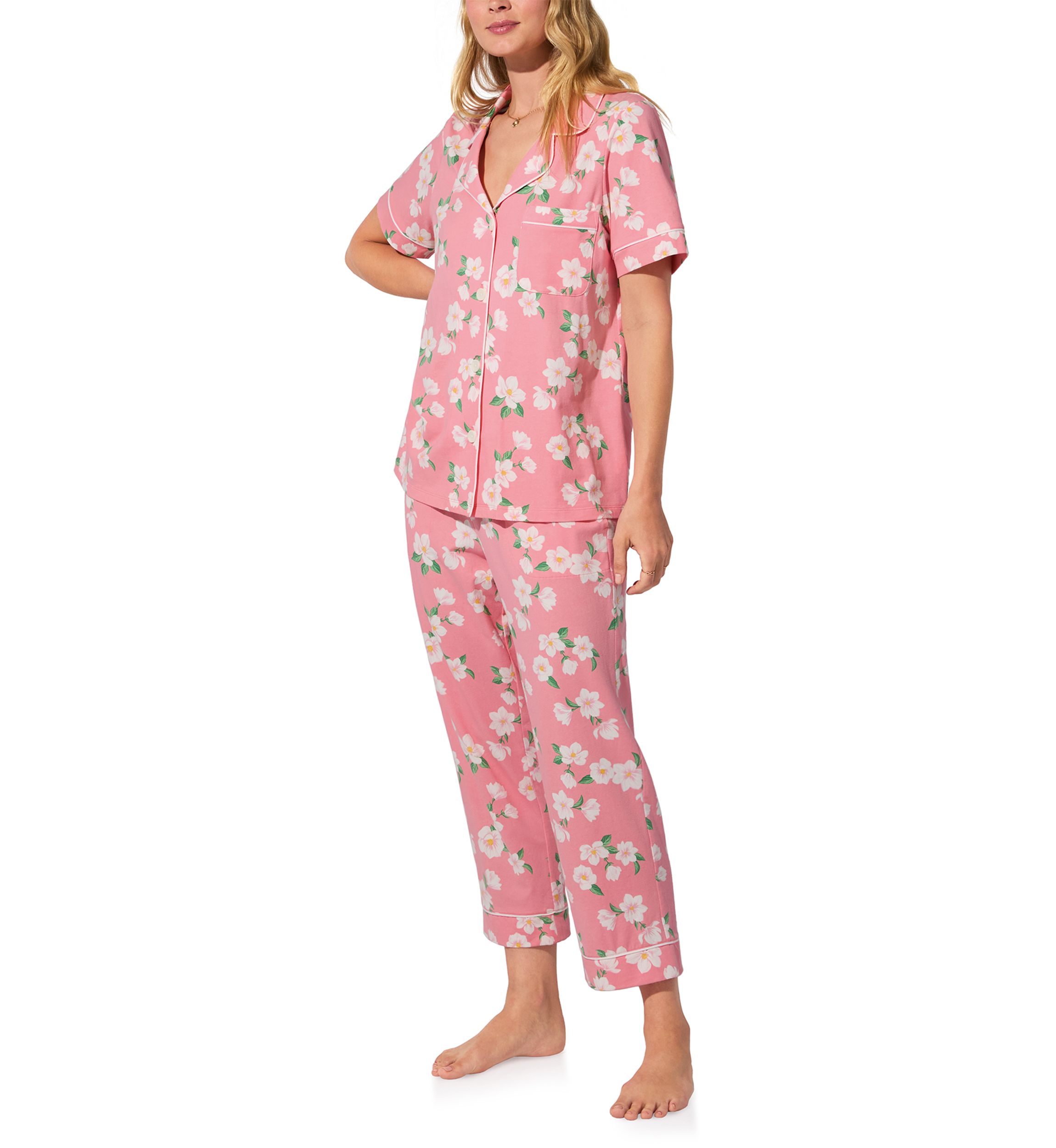 Cotton Knit Short Sleeve Cropped Pajama Set 