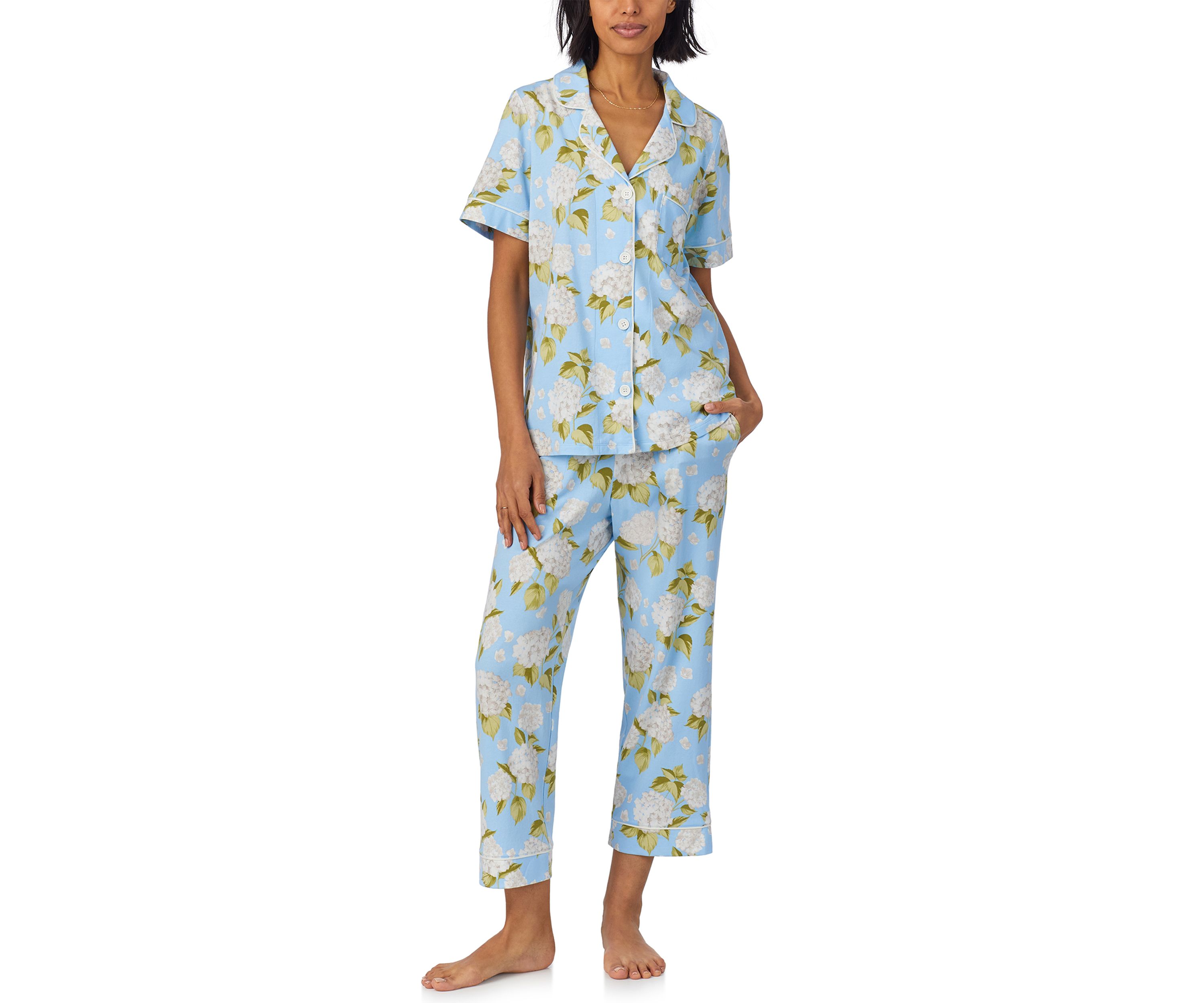 Womens Cotton Knit Short Sleeve Cropped Pajama Set