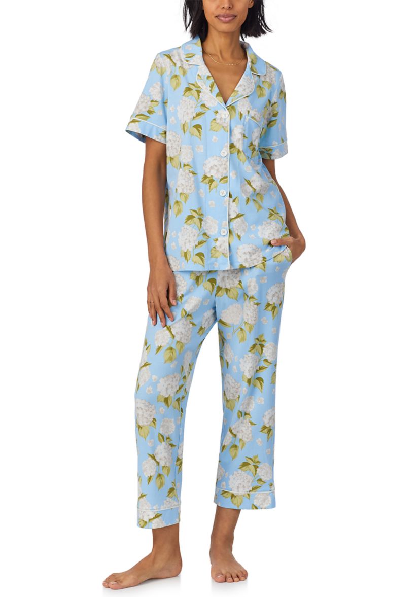 Womens Cotton Knit Short Sleeve Cropped Pajama Set