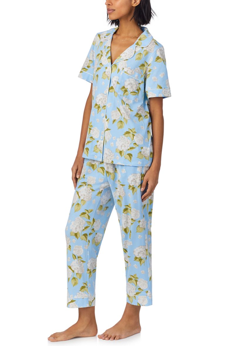 Womens Cotton Knit Short Sleeve Cropped Pajama Set